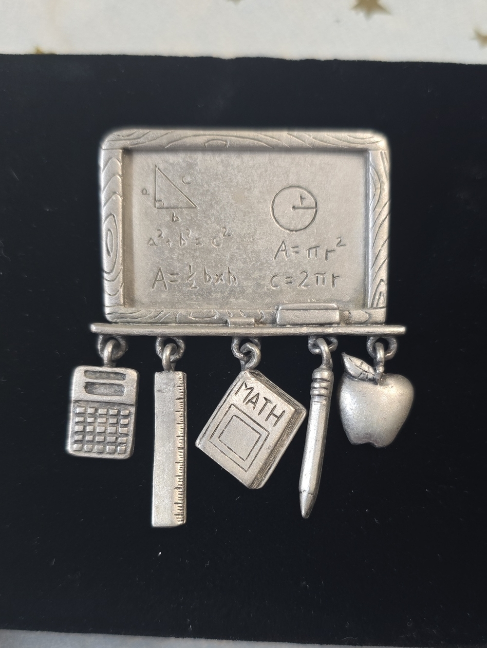 Vintage JJ Jonette Pewter Math Teacher Themed Chalkboard Charm Brooch
